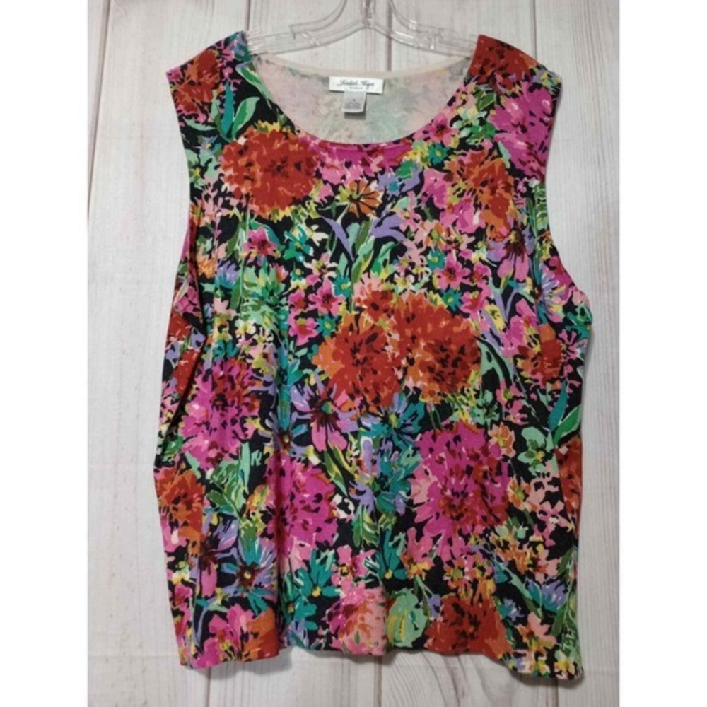 Judith Hart Woman Silk Blend Floral Knit Tank Top Plus Size 3X Pink Orange Multi